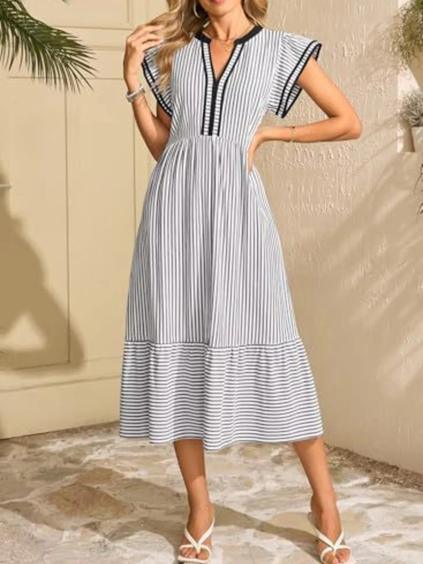Hazel Blues® |  Striped Notched Ruffle Sleeve Dress