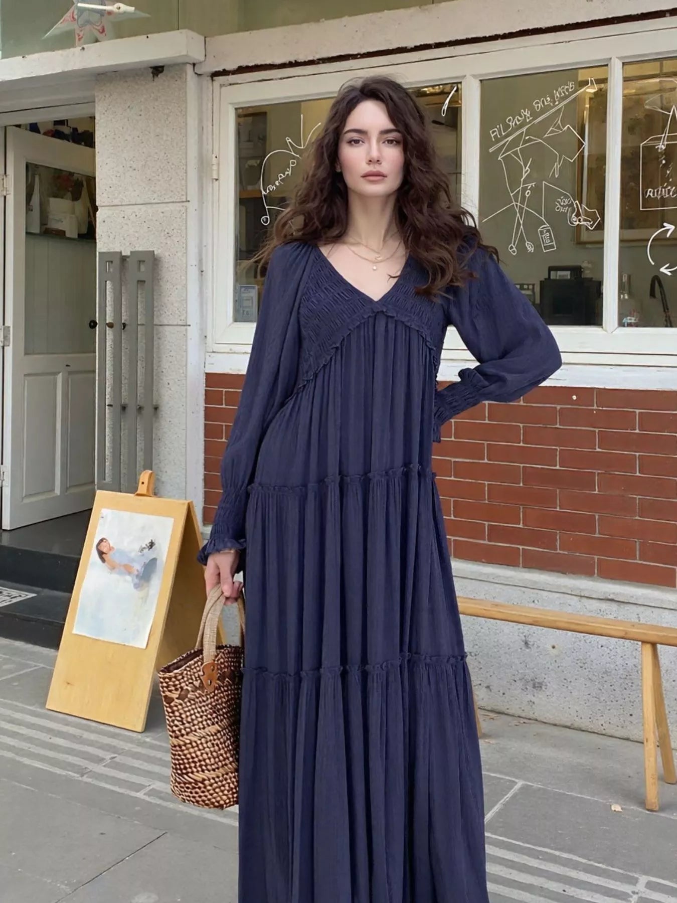 Hazel Blues® |  V-Neck Long Sleeve Tiered Maxi Dress