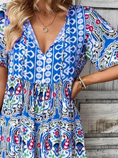 Hazel Blues® |  Printed Tie Neck Short Sleeve Dress