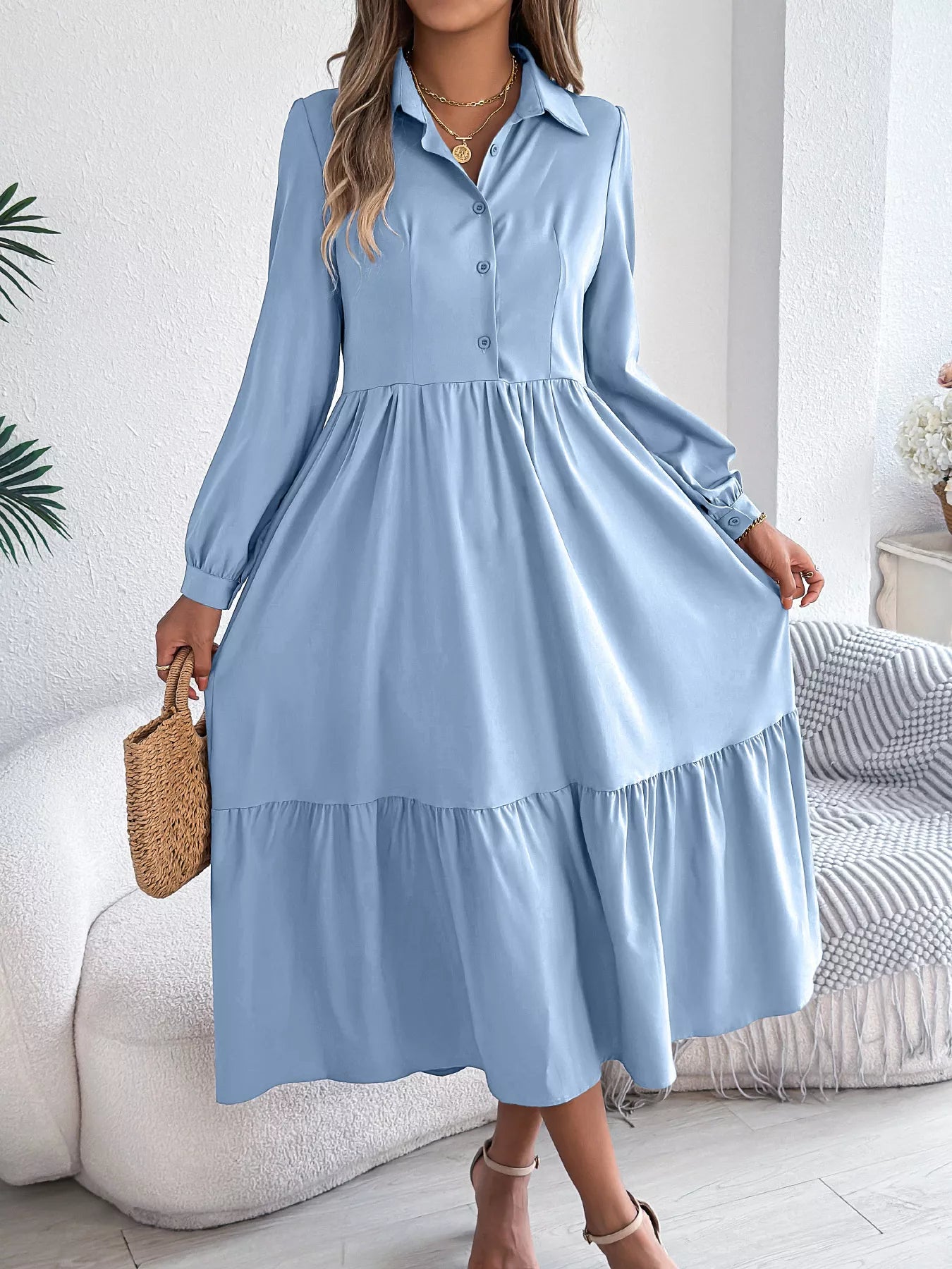 Hazel Blues® |  Long Sleeve Tiered Button Front Midi Dress