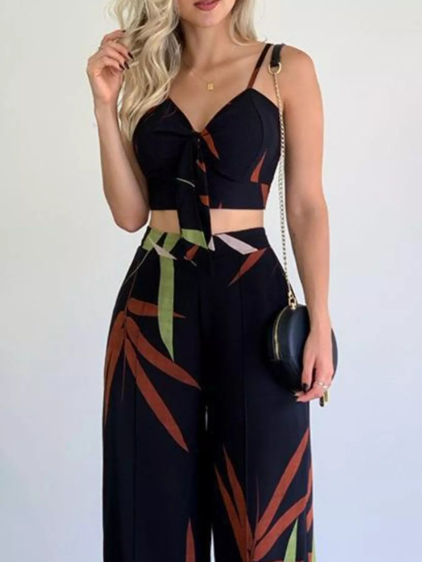 Hazel Blues® |  Tropical Print Spaghetti Strap Crop Top and Wide Leg Pants Set
