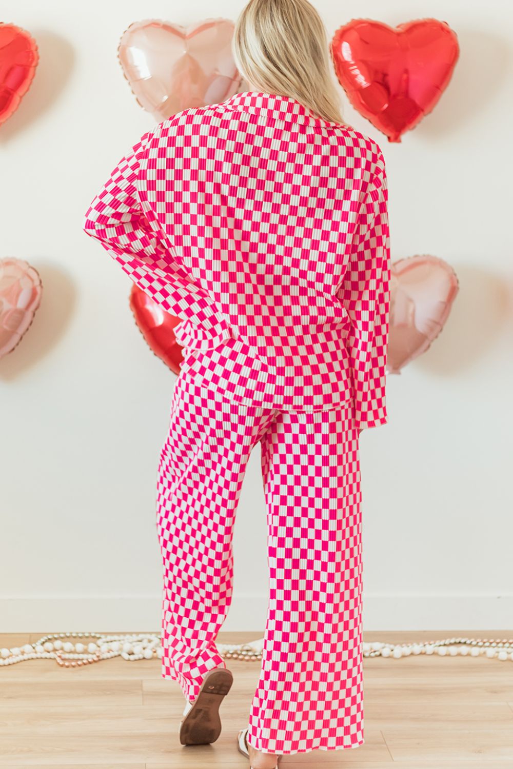 Hazel Blues® |  Checkerboard Print Long Sleeve Top and Pants Set