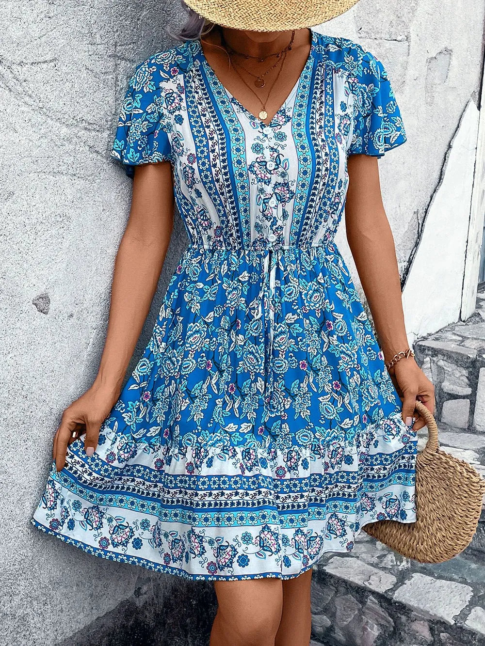 Hazel Blues® |  Perfee Printed V-Neck Flutter Sleeve Mini Dress