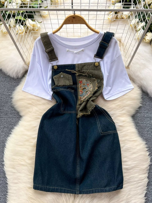 Hazel Blues® |  Short Sleeve T-Shirt and Denim Overall Dress Set