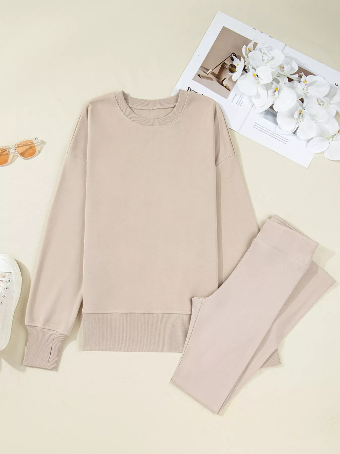 Hazel Blues® |  Solid Color Oversize Slit Sweatshirt and Ribbed Leggings 2pcs Set