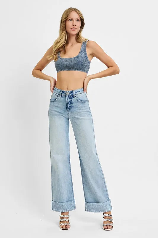 Hazel Blues® | RISEN Tummy Control High Rise Ankle Wide Cuffed Jeans