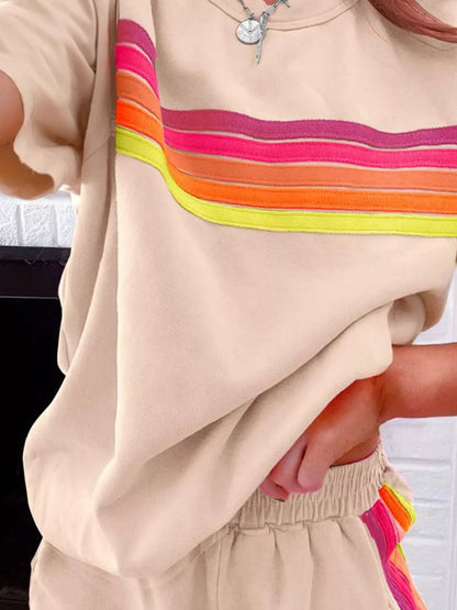 Hazel Blues® |  Rainbow Striped Round Neck Top and Shorts Set