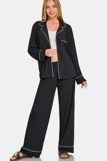 Hazel Blues® |  Zenana Button Down Long Sleeve Top and Pants Lounge Set