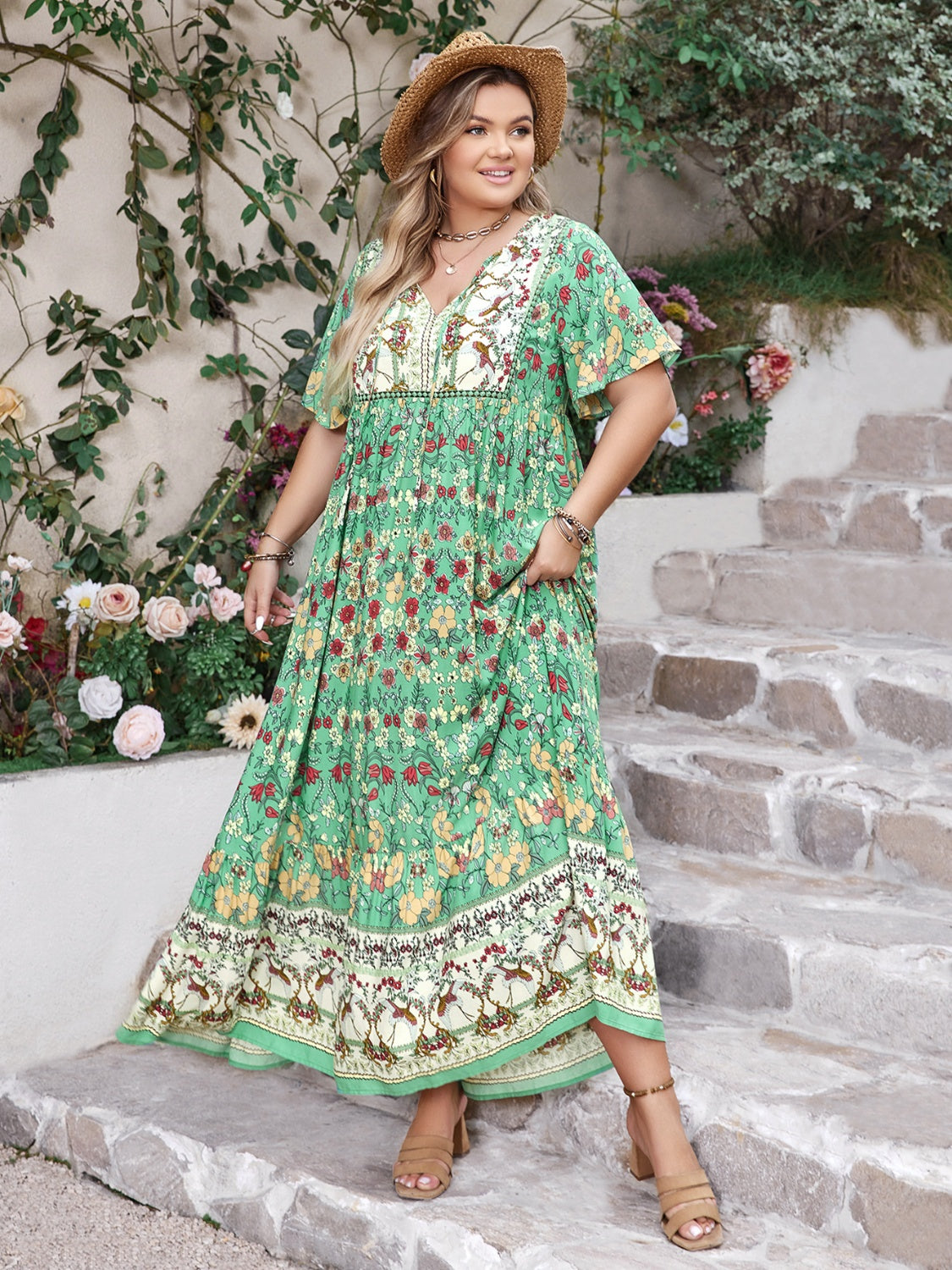 Hazel Blues® | Floral Tie Neck Flutter Sleeve Maxi Dress