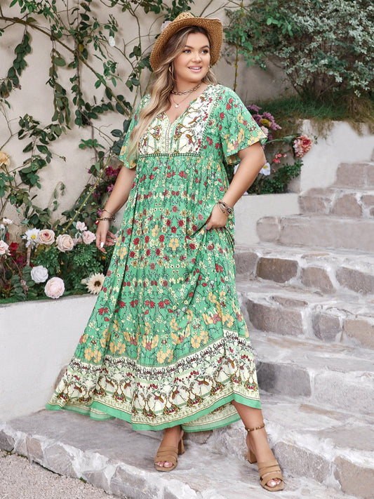 Hazel Blues® | Floral Tie Neck Flutter Sleeve Maxi Dress