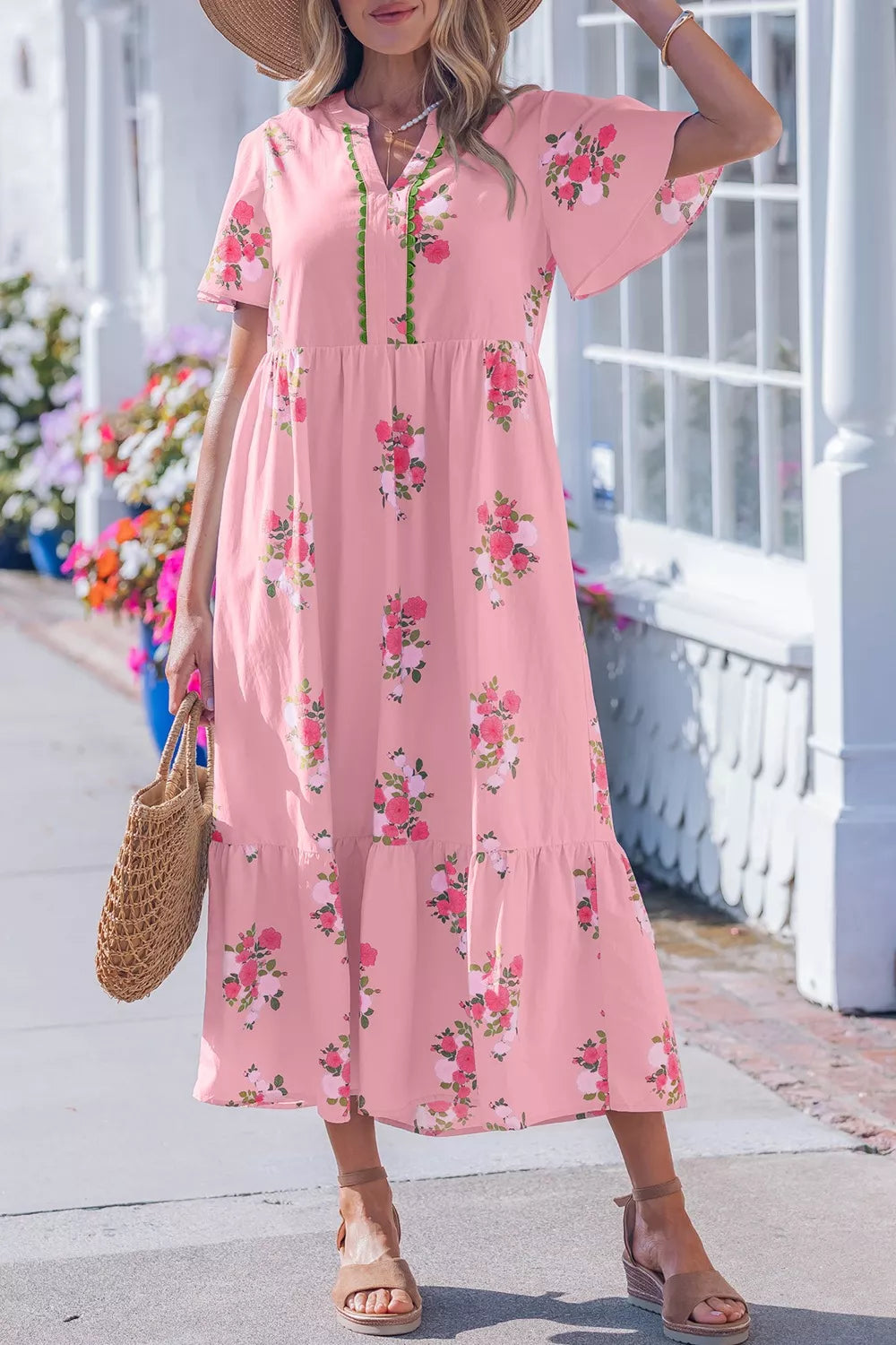 Hazel Blues® |  Notched Neck Flutter Short Sleeve Floral Print Dress
