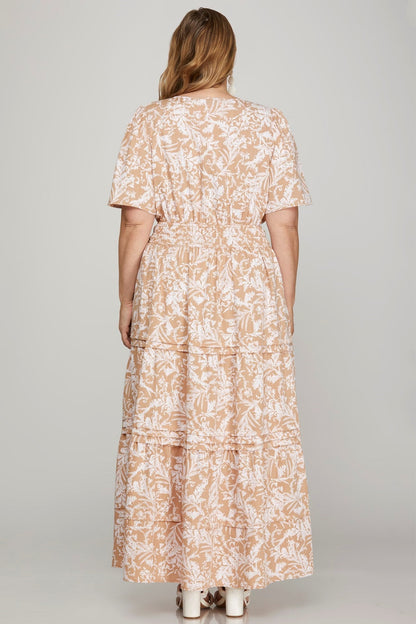 Hazel Blues® |  She + Sky Printed Notched Woven Tiered Pintuck Maxi Dress with Side Pockets