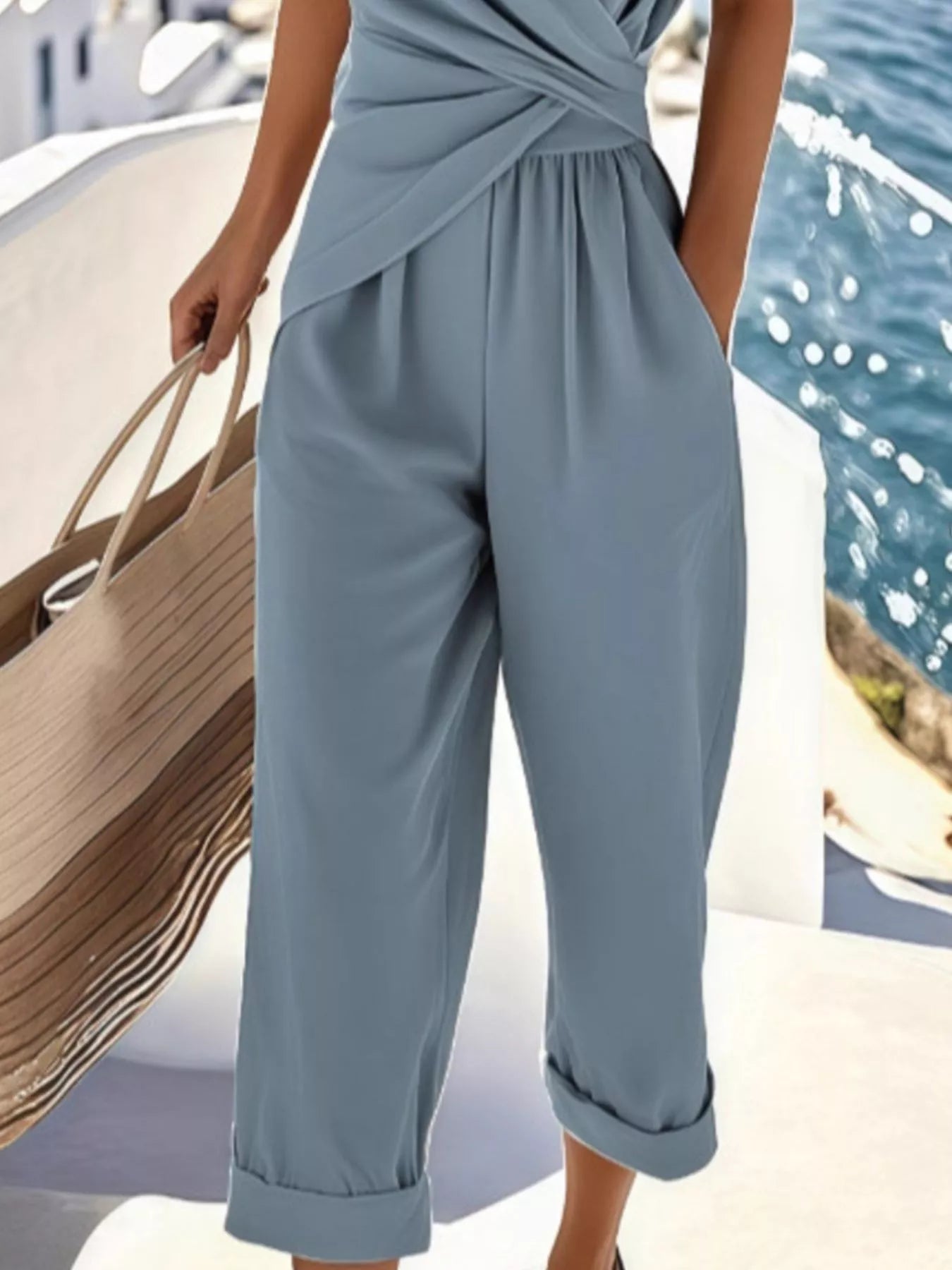 Hazel Blues® | Twist-Front V-Neck Top and Pants Set