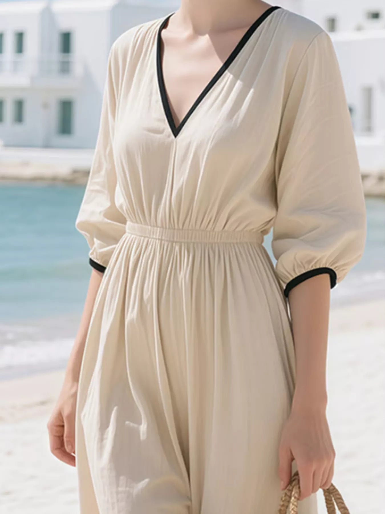 Hazel Blues® | Contrast Trim V-Neck 3/4 Sleeve Dress