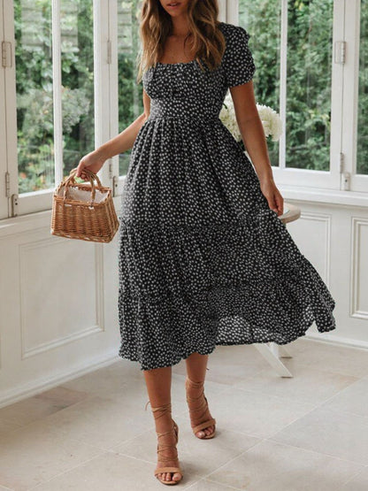 Hazel Blues® |  Printed Square Neck Short Sleeve Midi Dress