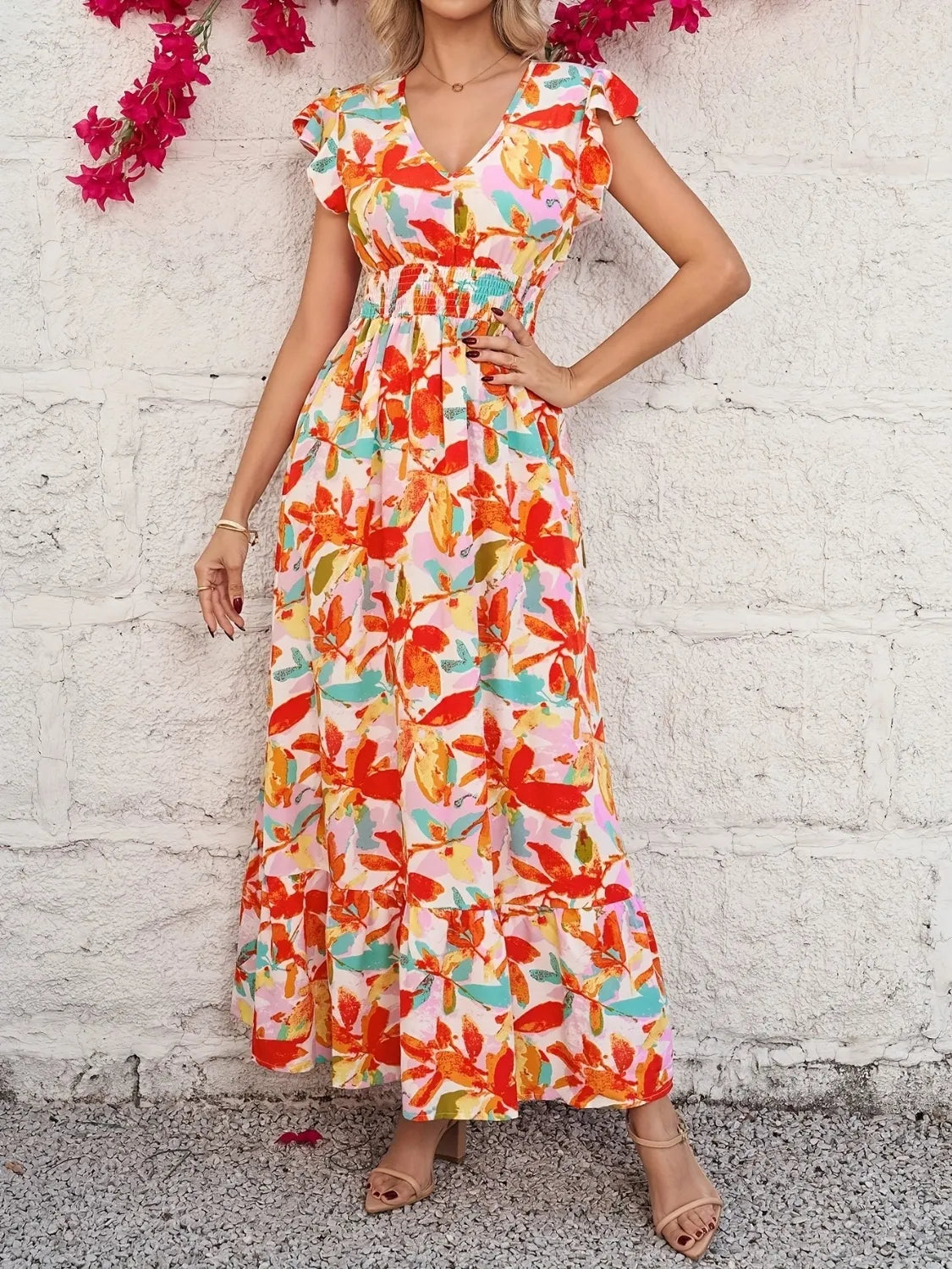 Hazel Blues® |  Ruffled V-Neck Cap Sleeve Dress