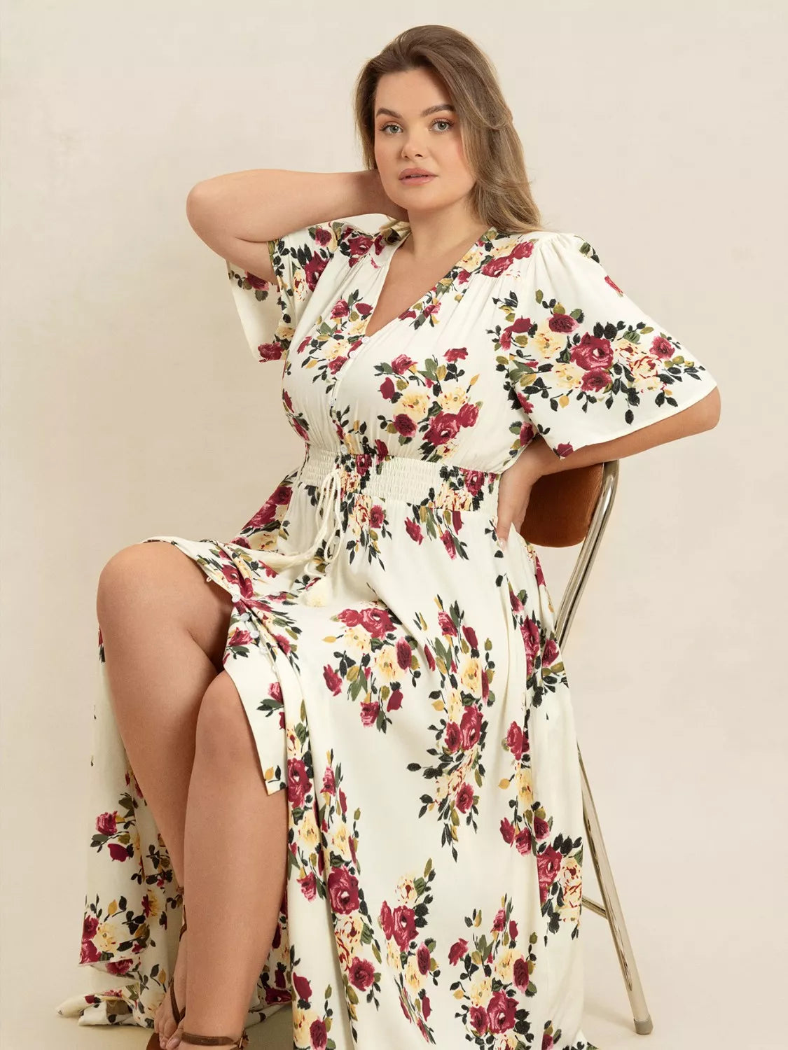 Hazel Blues® | Floral Flutter Sleeve Maxi Dress with Button Front
