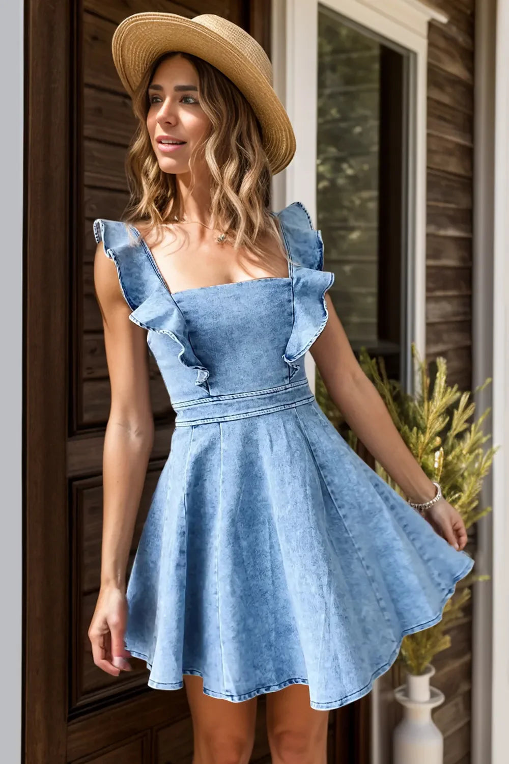 Hazel Blues® |  Ruffled Square Neck Mini Dress