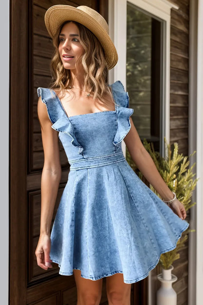 Hazel Blues® |  Ruffled Square Neck Mini Dress