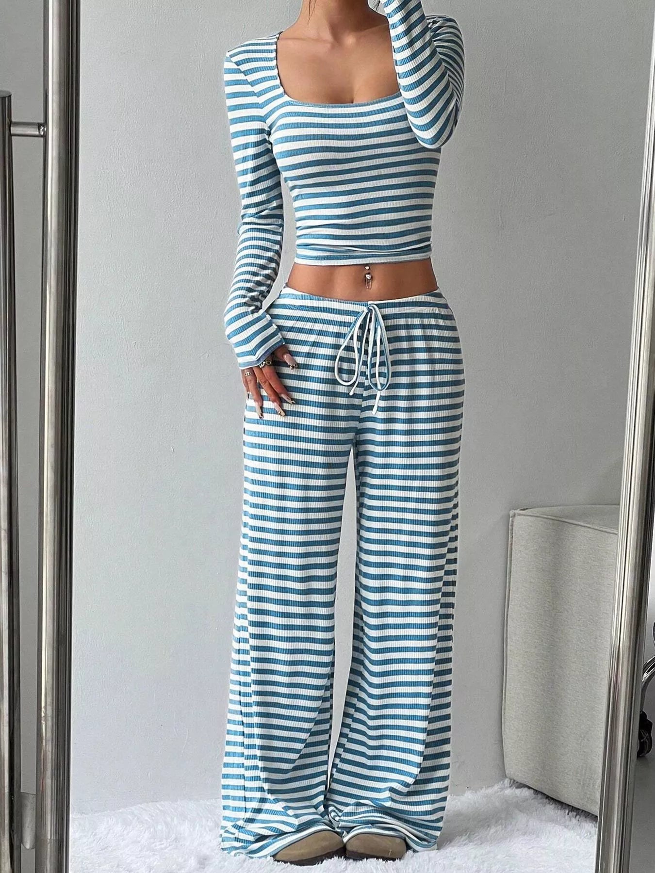 Hazel Blues® |  Striped Long Sleeve Crop Top & Wide Leg Pants Set