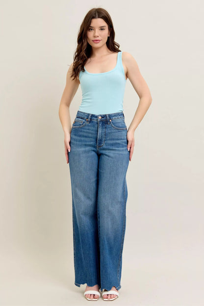 Hazel Blues® | Judy Blue High Waist Tummy Control Chew Hem Destroy Wide Jeans
