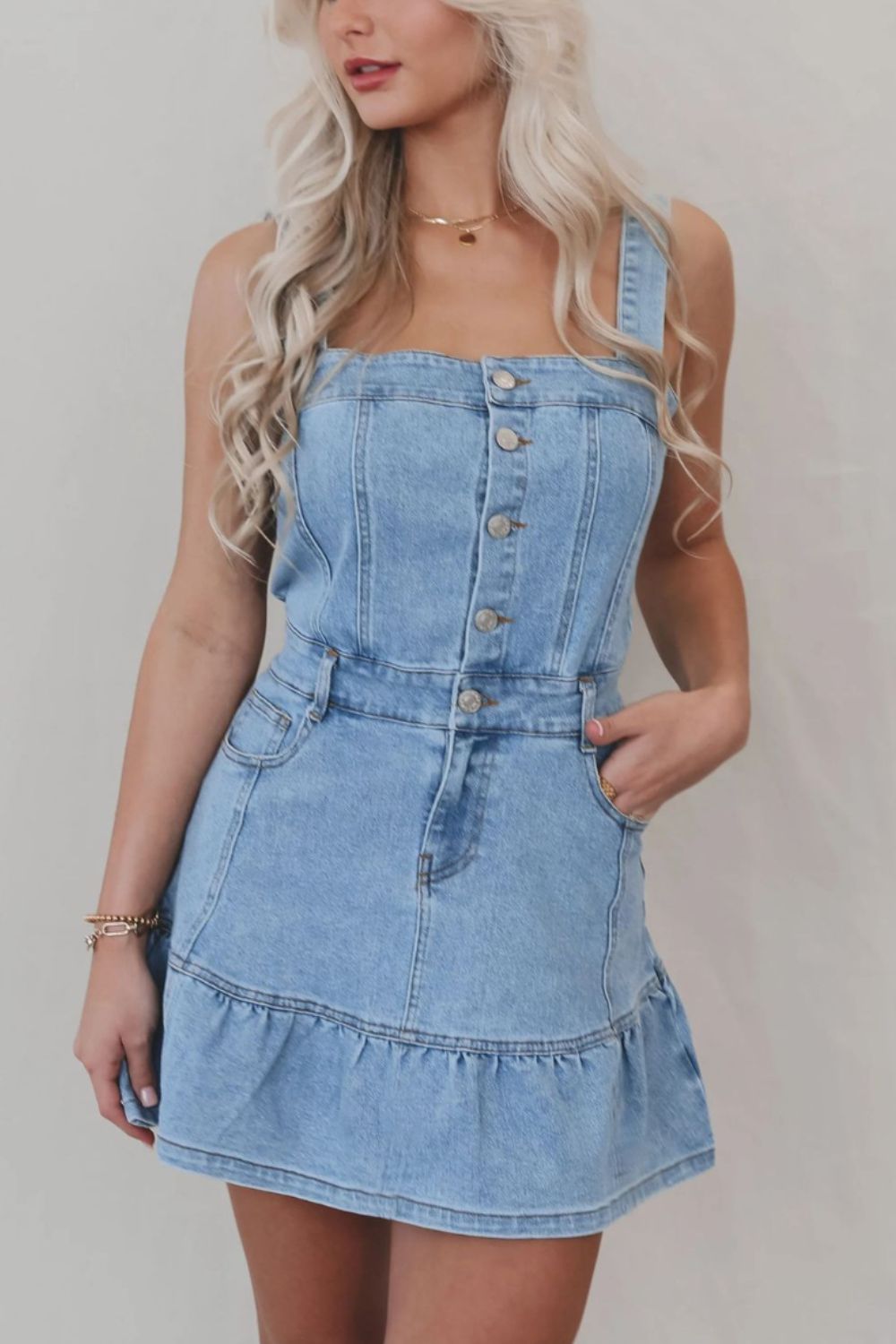 Hazel Blues® |  Ruffled Hem Button Front Square Neck Denim Dress