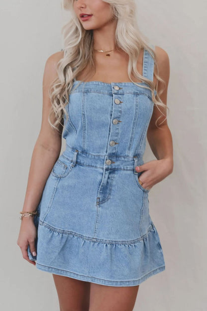 Hazel Blues® |  Ruffled Hem Button Front Square Neck Denim Dress