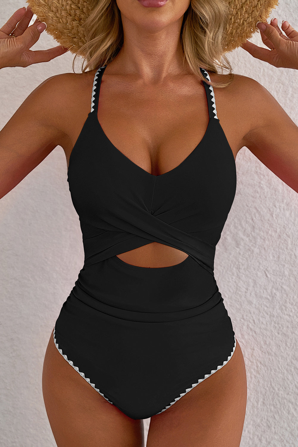 Hazel Blues® | Rose Red Ric Rac Trim Contrasted Patchwork Cutout One Piece Swimsuit