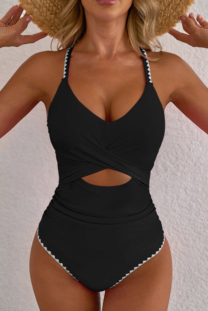 Hazel Blues® | Rose Red Ric Rac Trim Contrasted Patchwork Cutout One Piece Swimsuit