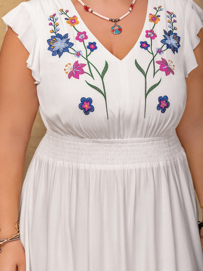 Hazel Blues® | Embroidered Floral V-Neck Cap Sleeve Maxi Dress