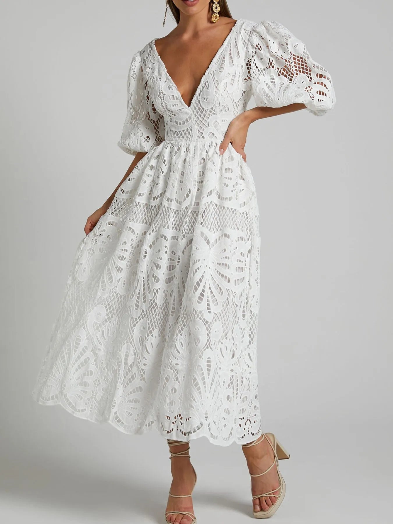 Hazel Blues® |  Cutout Back Lace Crochet V-Neck Dress