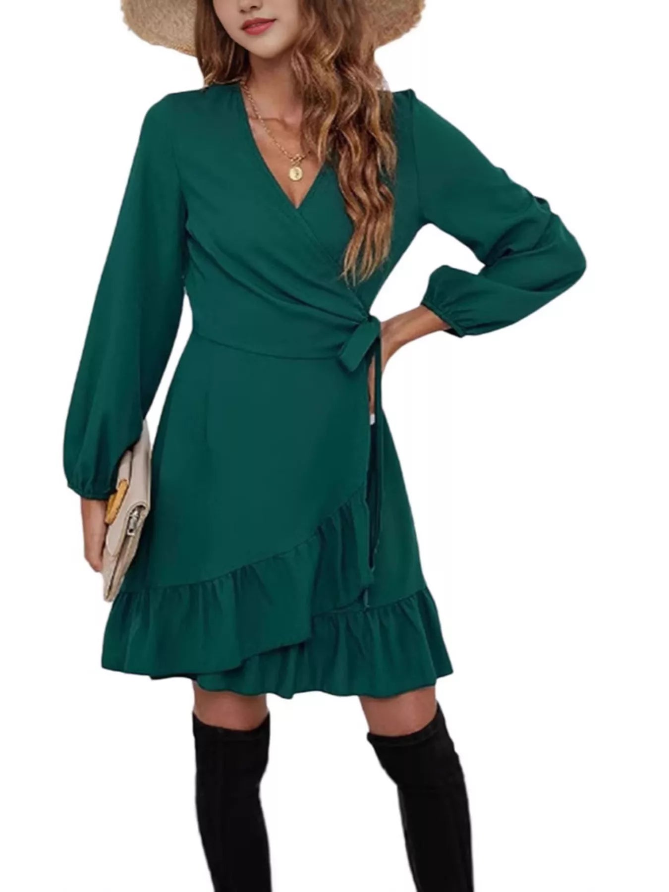 Hazel Blues® |  Ruffle Hem Long Sleeve Wrap Dress