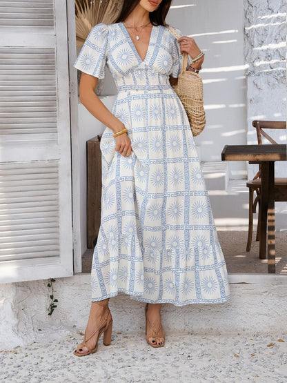Hazel Blues® |  Devine Smocked Printed V-Neck Short Sleeve Maxi Dress