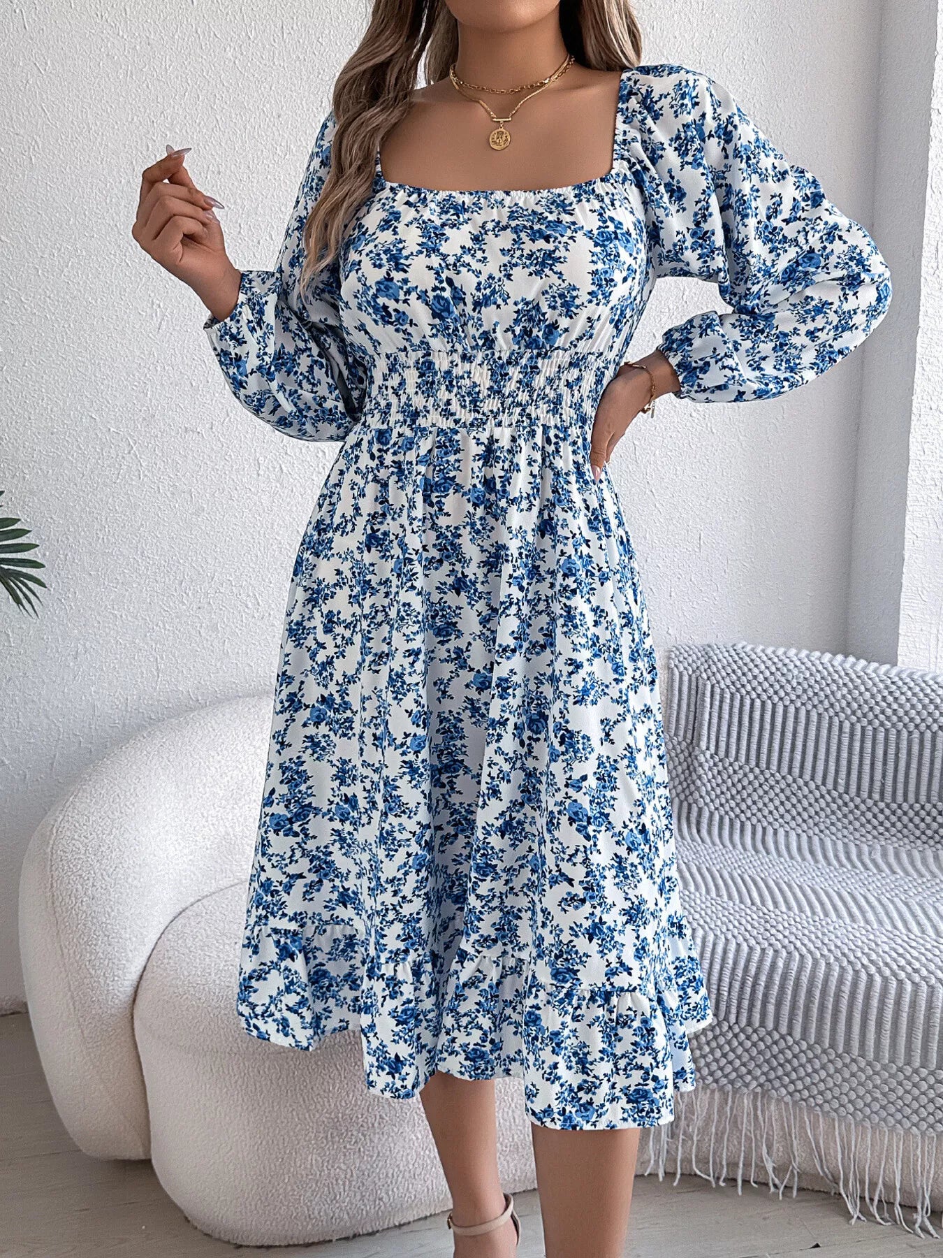 Hazel Blues® |  Floral Print Long Sleeve Square Neck Midi Dress