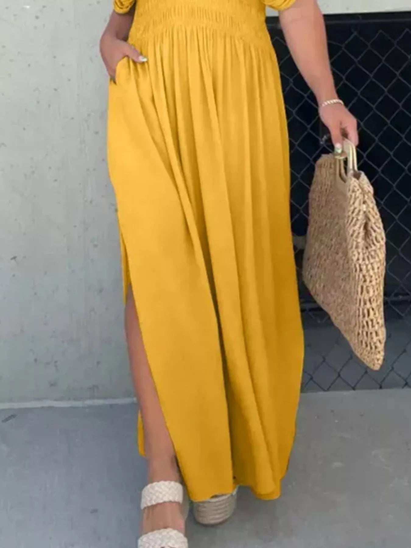 Hazel Blues® | Slit V-Neck Smocked Waist Maxi Dress