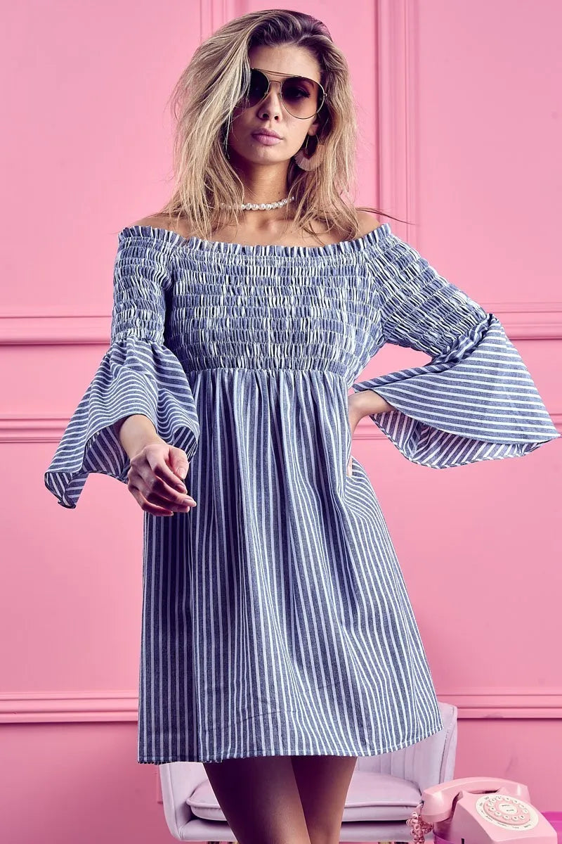 Hazel Blues® |  BiBi Smocked Off Shoulder Striped Dress