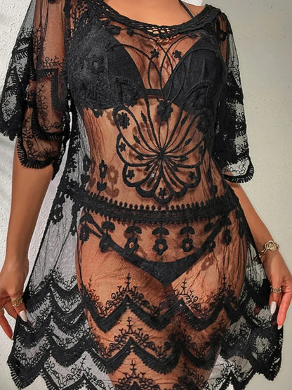 Hazel Blues® | Lace Round Neck Half Sleeve Cover-Up