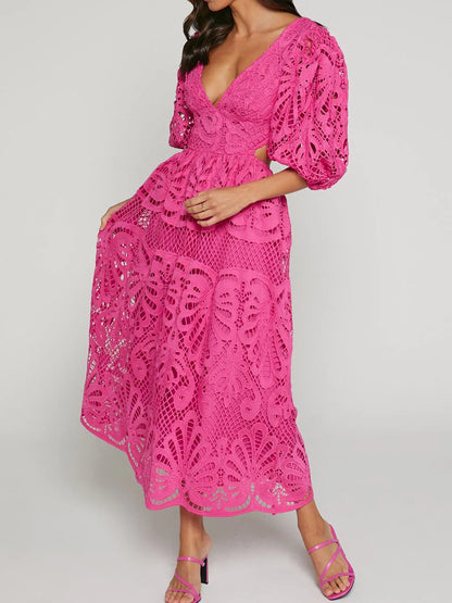 Hazel Blues® |  Cutout Back Lace Crochet V-Neck Dress