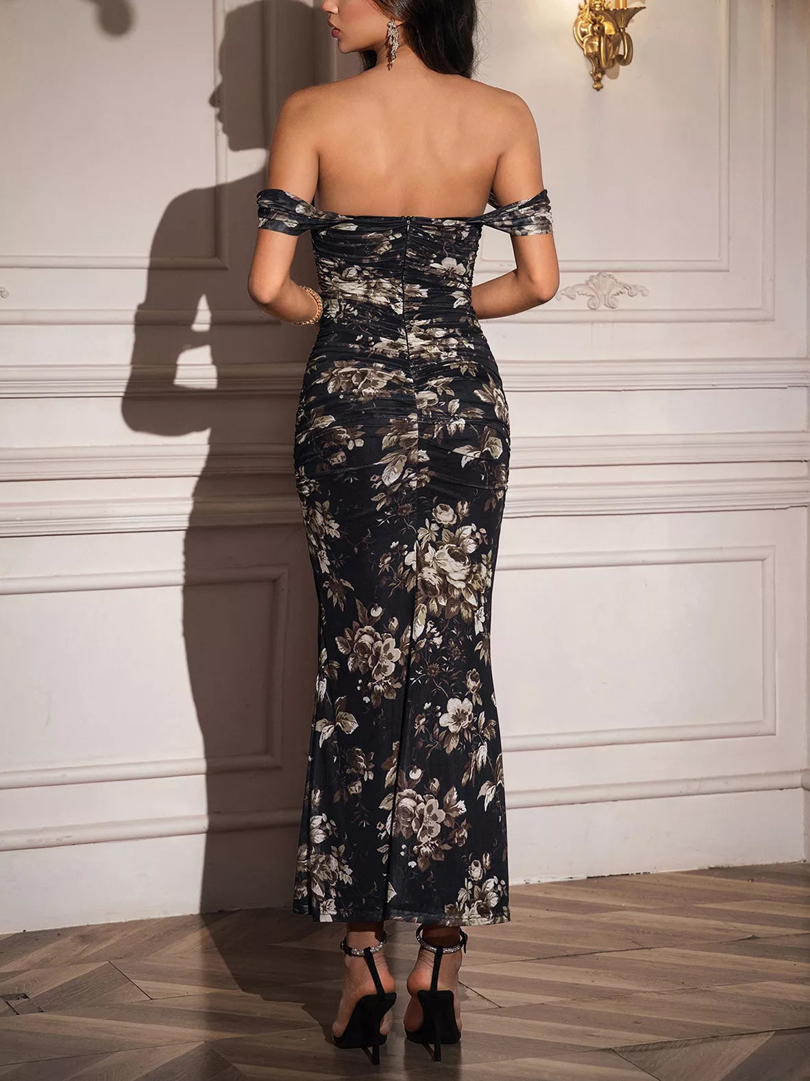 Hazel Blues® |  Off-Shoulder Ruched Floral Mermaid Dress
