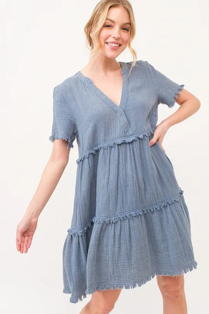 Hazel Blues® |  And The Why Washed Frayed Detail Tiered Dress