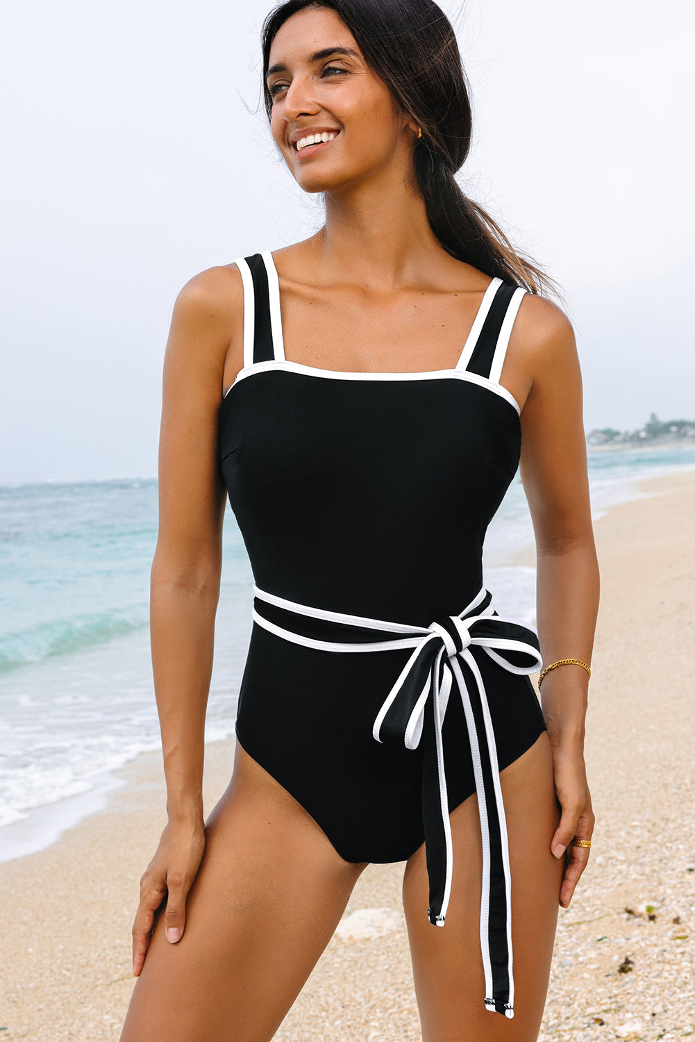 Hazel Blues® | Black Colorblock Edge Belted One Piece Swimsuit