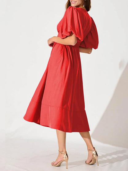 Hazel Blues® |  V-Neck Puff Sleeve Midi Dress