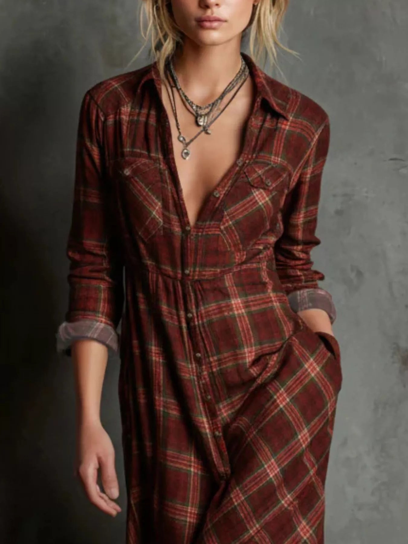 Hazel Blues® | Plaid Button-Down Maxi Dress