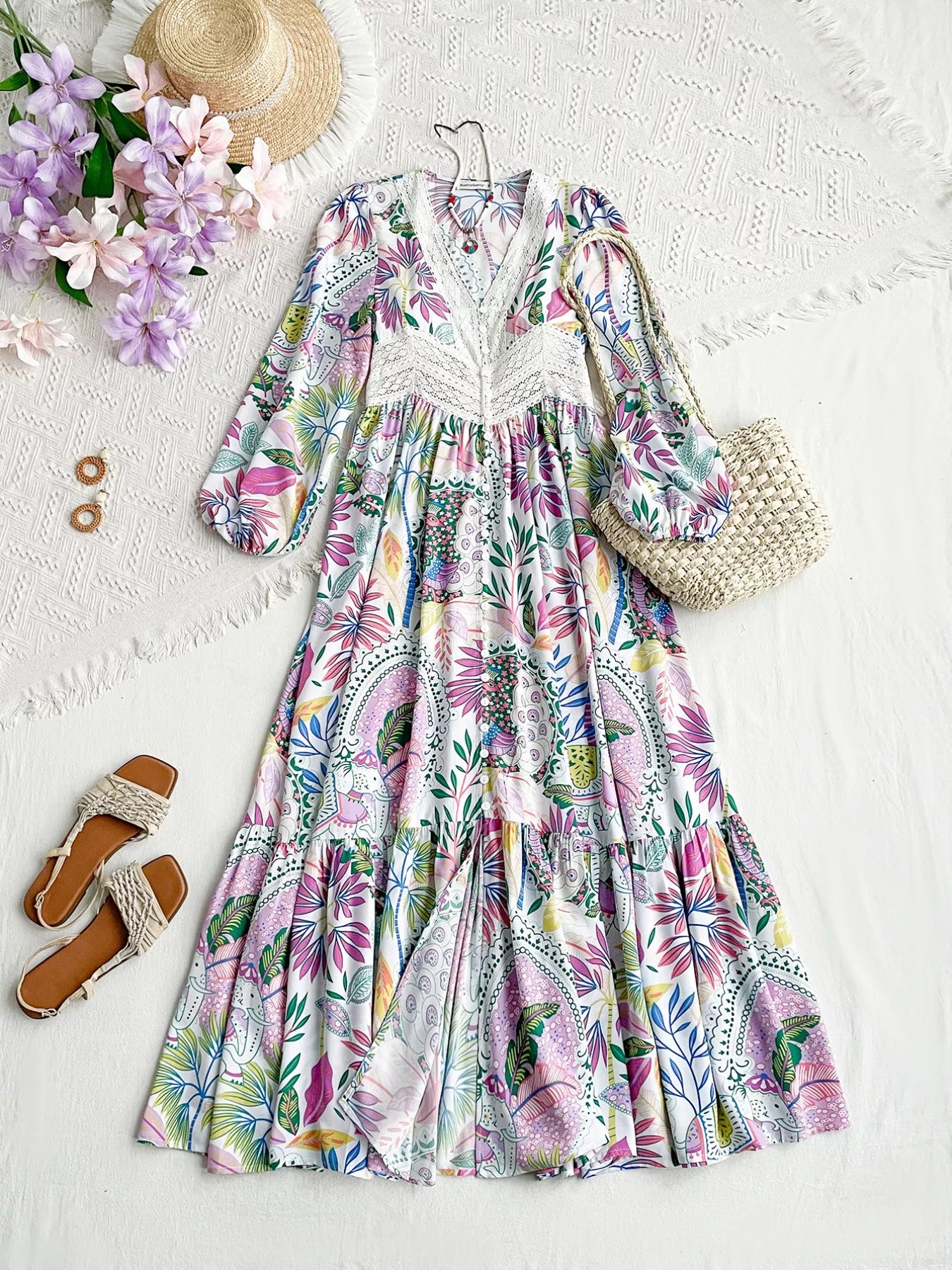 Hazel Blues® |  Lace Detail V-Neck Balloon Sleeve Dress