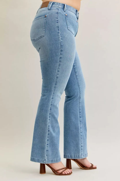 Hazel Blues® | Judy Blue Mid Rise Bootcut Jeans with Contrast Wash & Front Patch Pockets