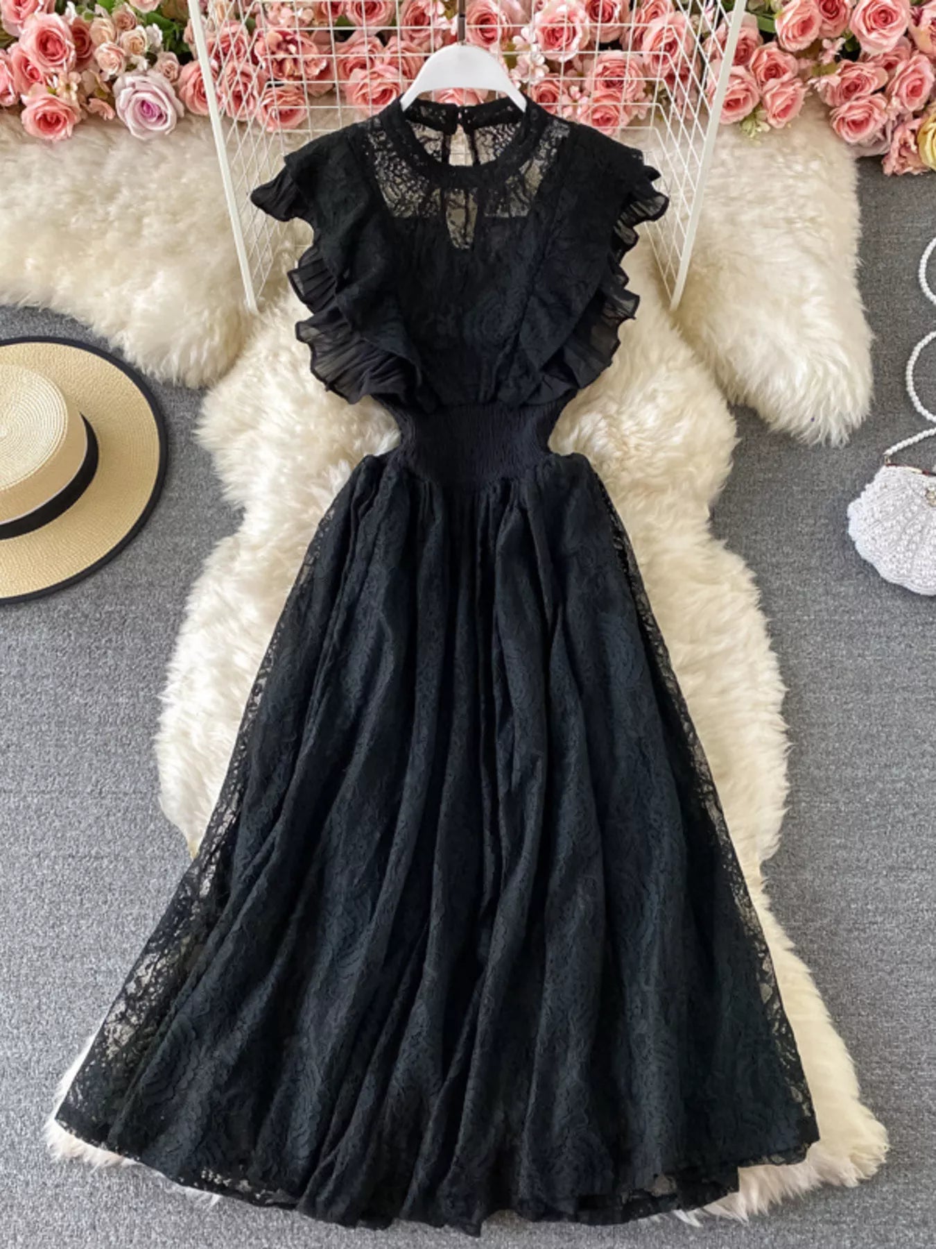 Hazel Blues® |  Ruffled Mock Neck Lace Maxi Dress