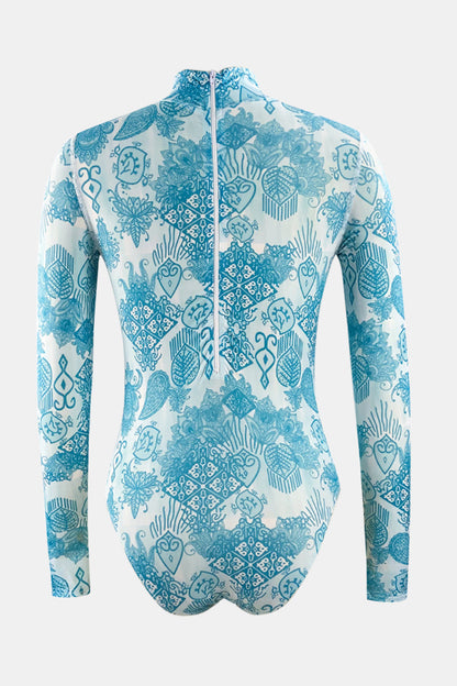 Hazel Blues® | Printed Mock Neck Long Sleeve One-Piece Swimwear