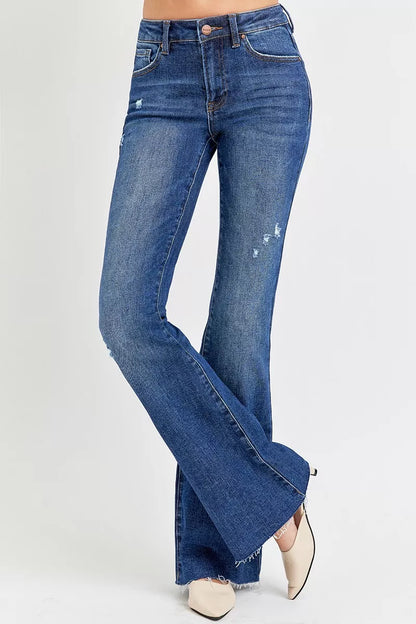 Hazel Blues® | RISEN Distressed Mid Rise Flare Jeans