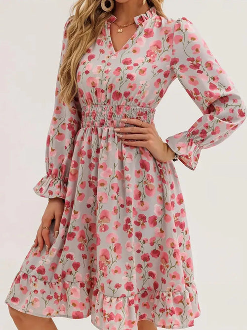 Hazel Blues® |  Floral Notched Flounce Sleeve Dress