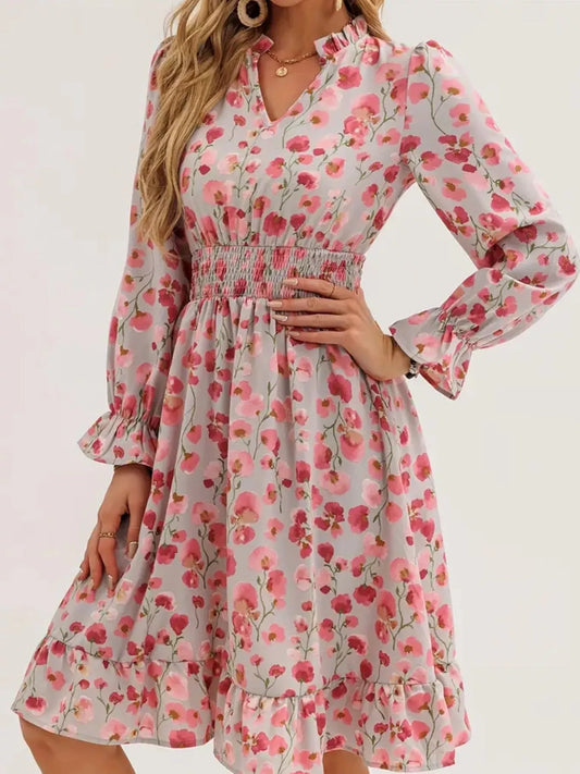 Hazel Blues® |  Floral Notched Flounce Sleeve Dress